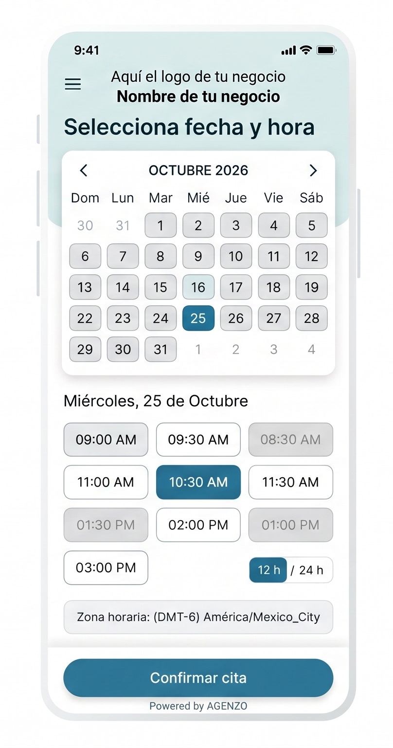 Pantalla móvil de AGENZO para seleccionar fecha y hora